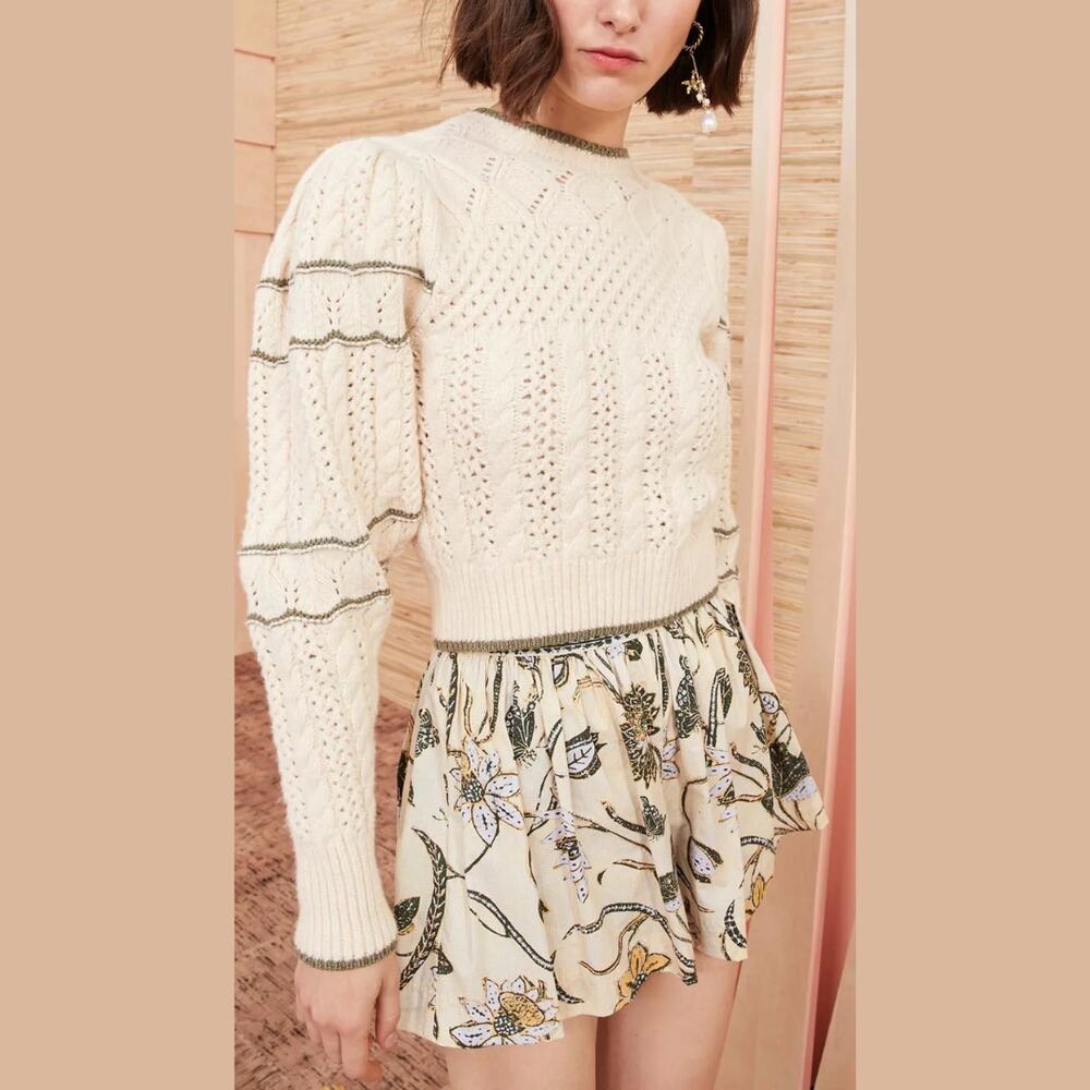Ulla Johnson Top Sweater‎ Joleigh Cable Knit Ivory Green Chunky Puff Sleeve S - Picture 10 of 11